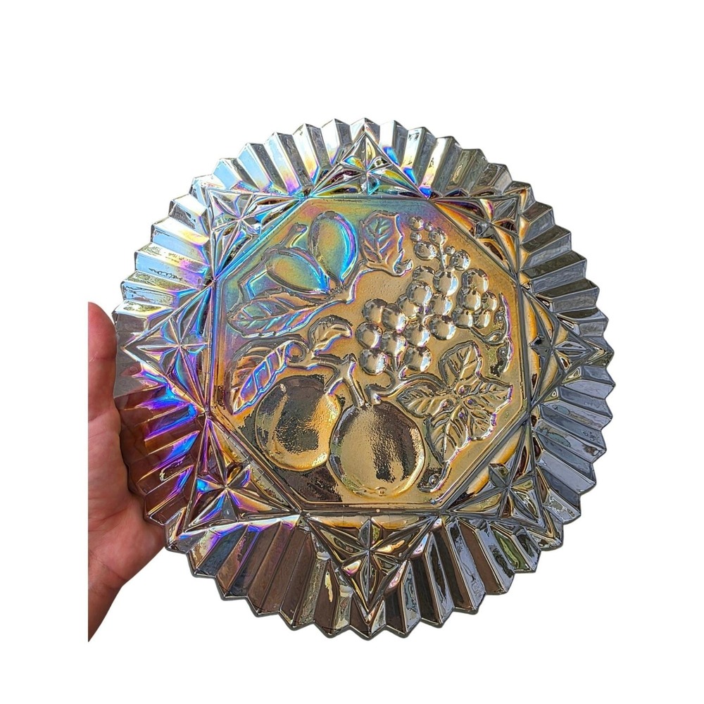 Vintage Carnival Glass Bowl Iridescent Fruit Harvest Grapes Pears 10.5 Inch E3